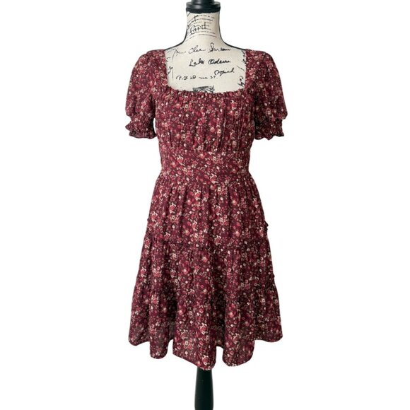 Altard State Womens Smocked Mini Dress Tiered Skirt Puff-Sleeves Red Floral Size - Picture 1 of 8